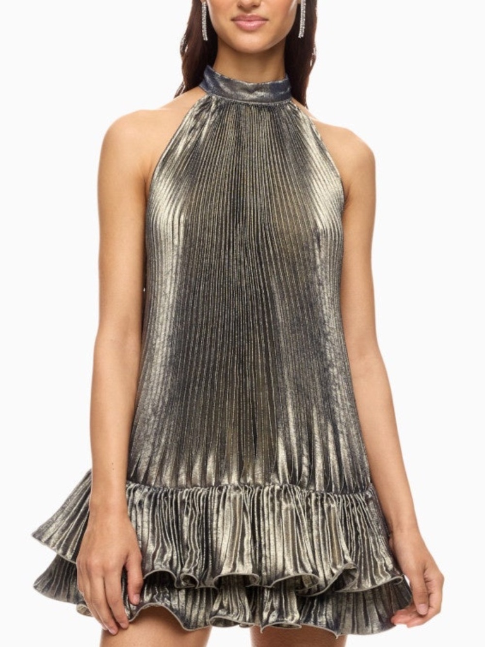 L'IDEE Soleil Mini Dress Black Gold Halter Ruffle Flounce Metallic - US Size 6
